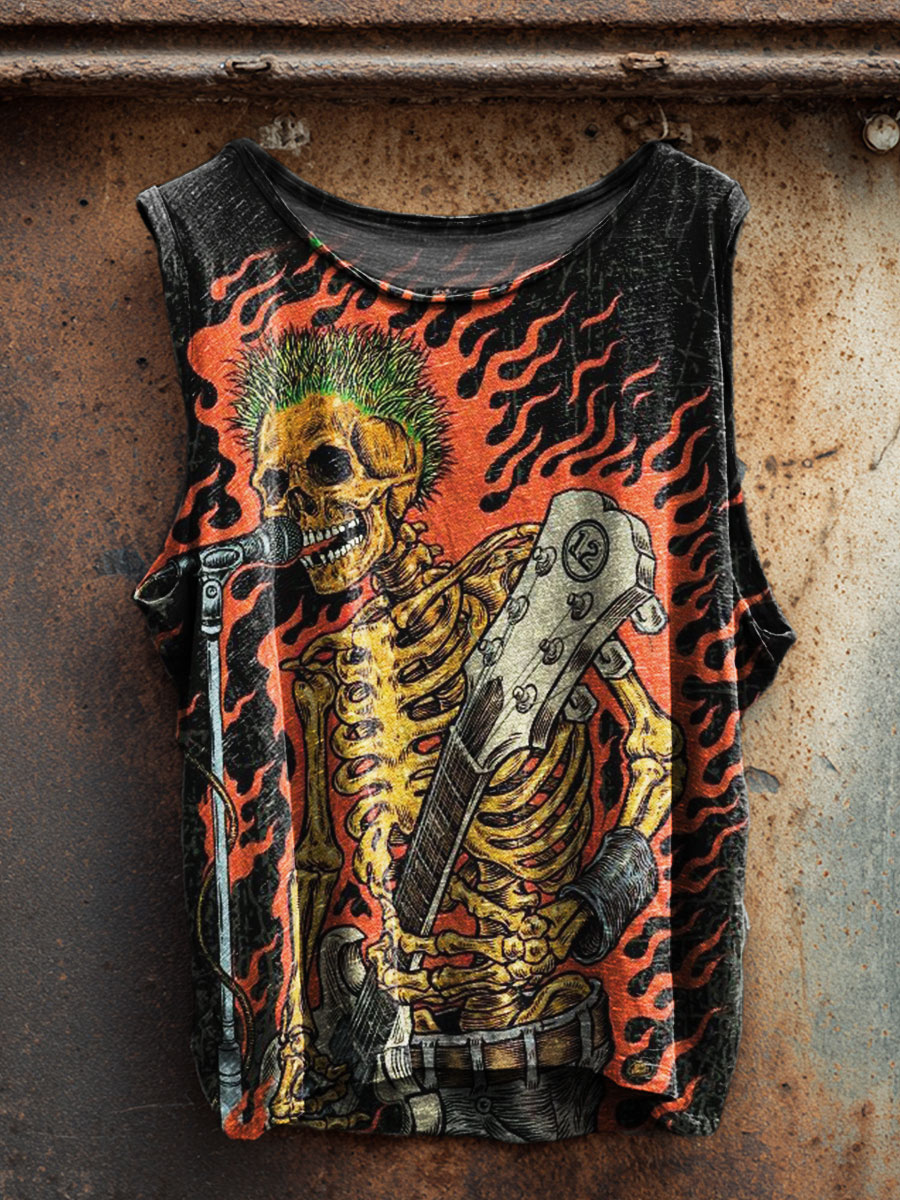 Vintage Rock Skull Art Print 100% Cotton Casual Tank Top
