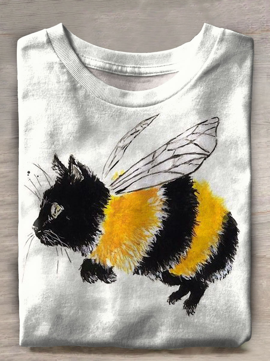 Cat Bee Print Casual T-shirt