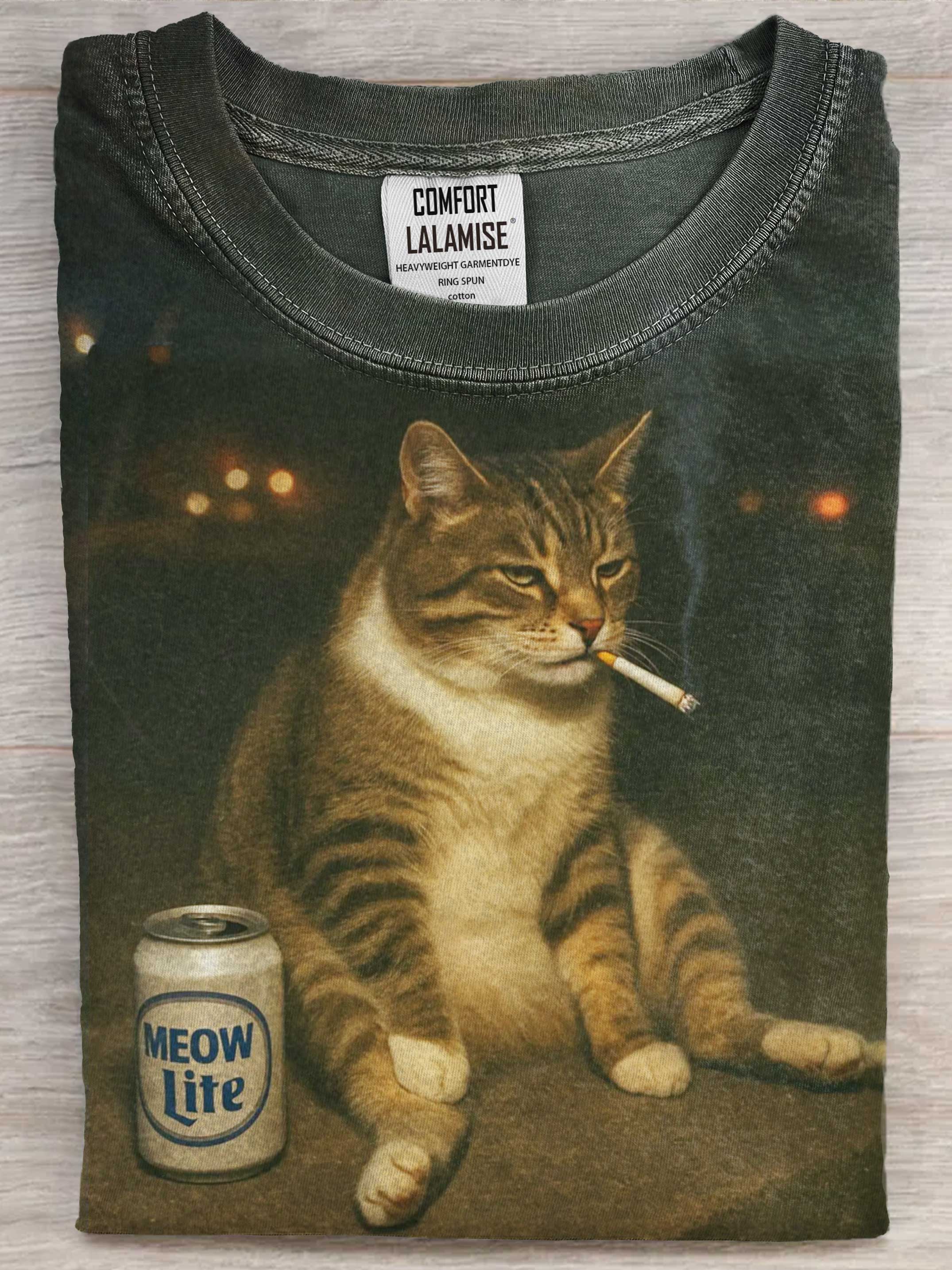 Funny Smoking Cat Art Print Cotton Casaul Short Sleeve T-shirt