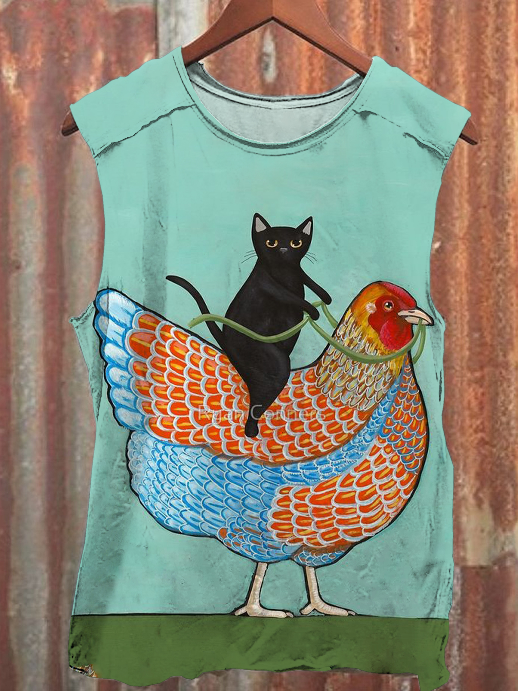 Vintage Black Cat Riding Chicken Print 100% Cotton Casual Tank Top