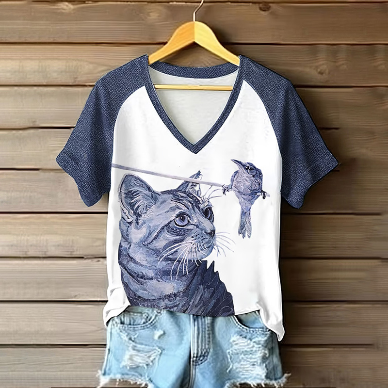 Women's Retro Animal Cat Print Short Sleeve T-shirt