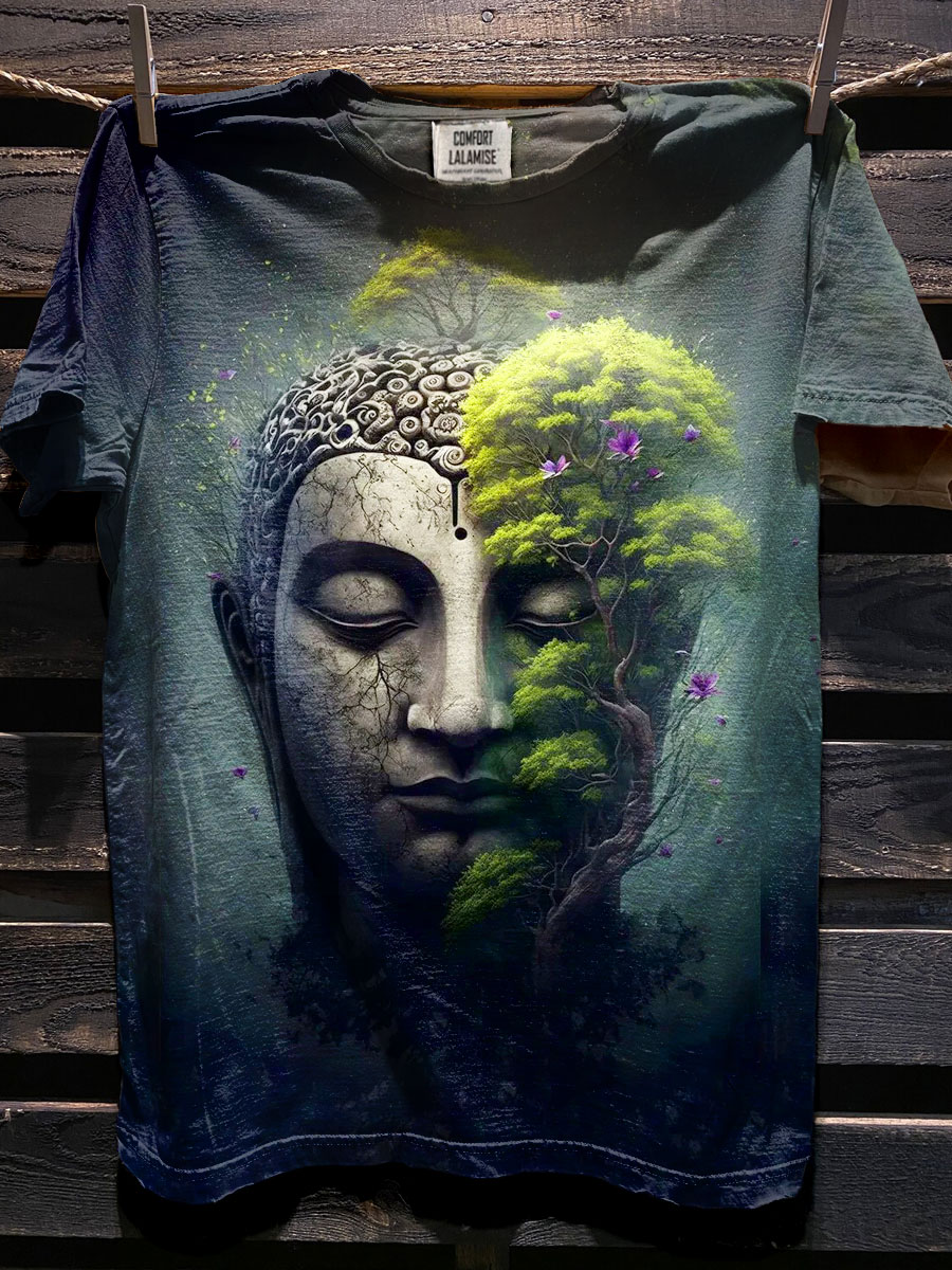 Buddha In Nature Art Print Casaul Cotton Short Sleeve T-shirt