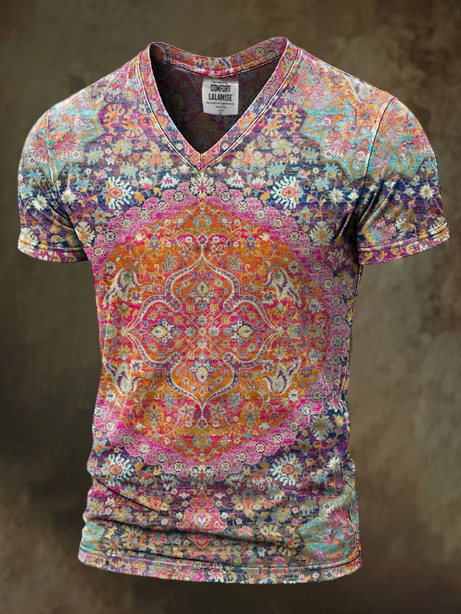 Retro ethinic Art Print Casaul Short Sleeve V-neck T-shirt