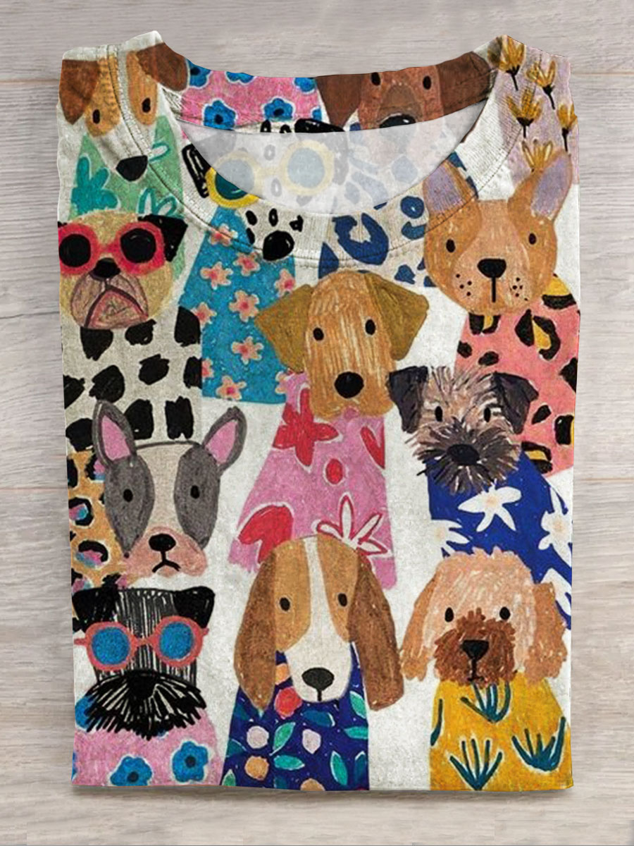 Dog Art Print Casual Short Sleeve Top