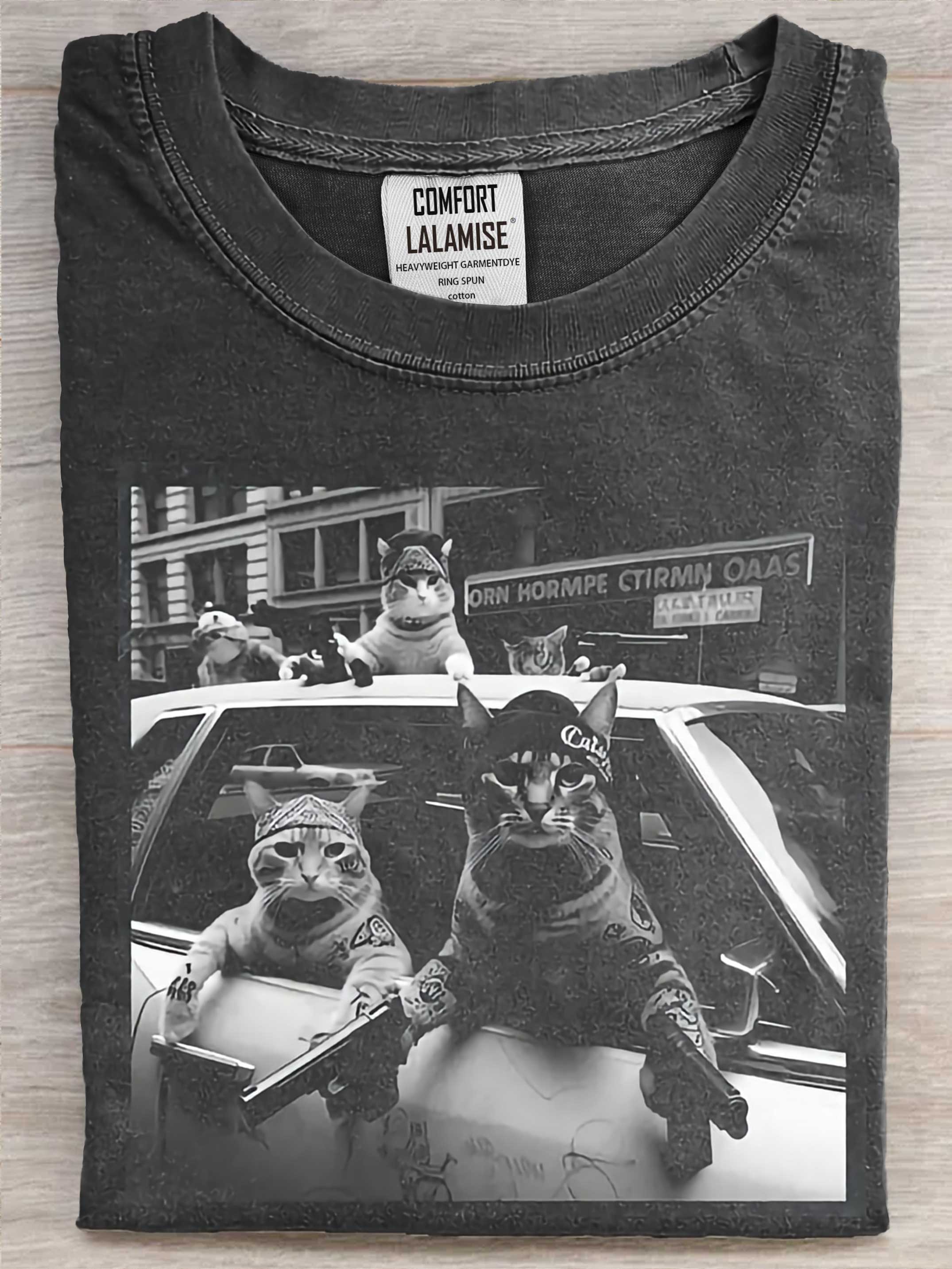 Cat Ganster Art Print Casaul Cotton Short Sleeve T-shirt