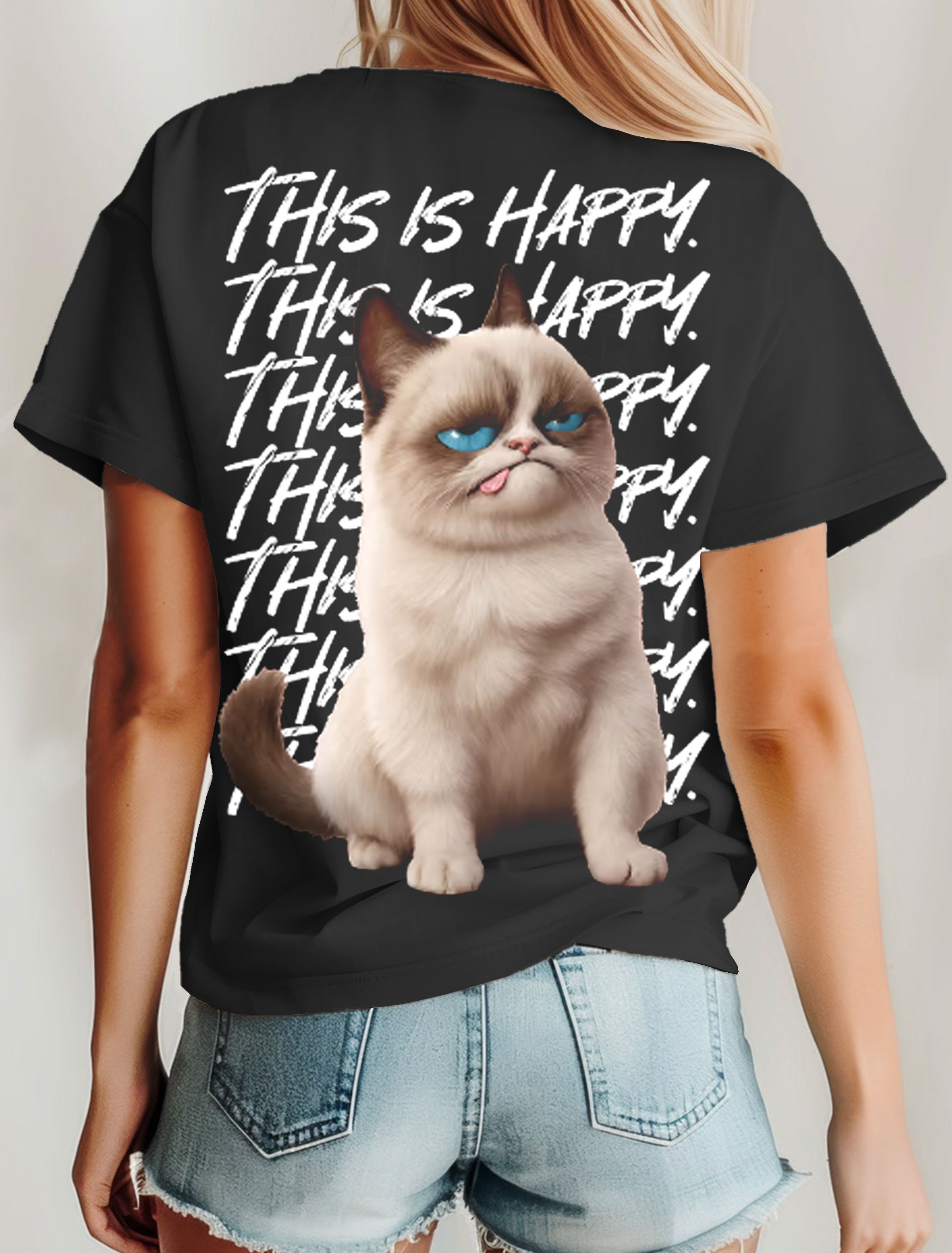 Funny Cat Happy Art Print Casaul Short Sleve T-shirt