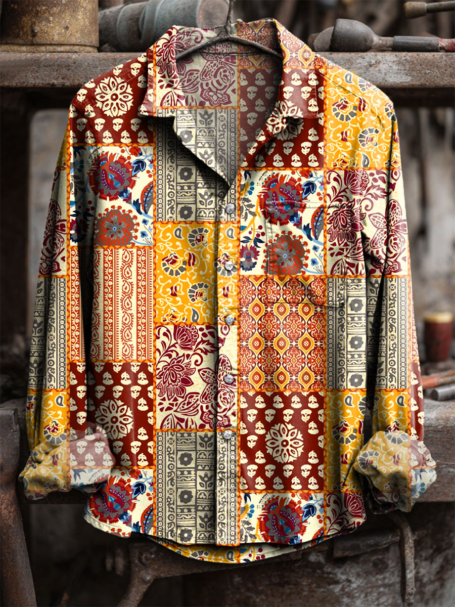 Vintage Paisley Ethnic Patchwork Art Print 100% Cotton Long Sleeve Shirt