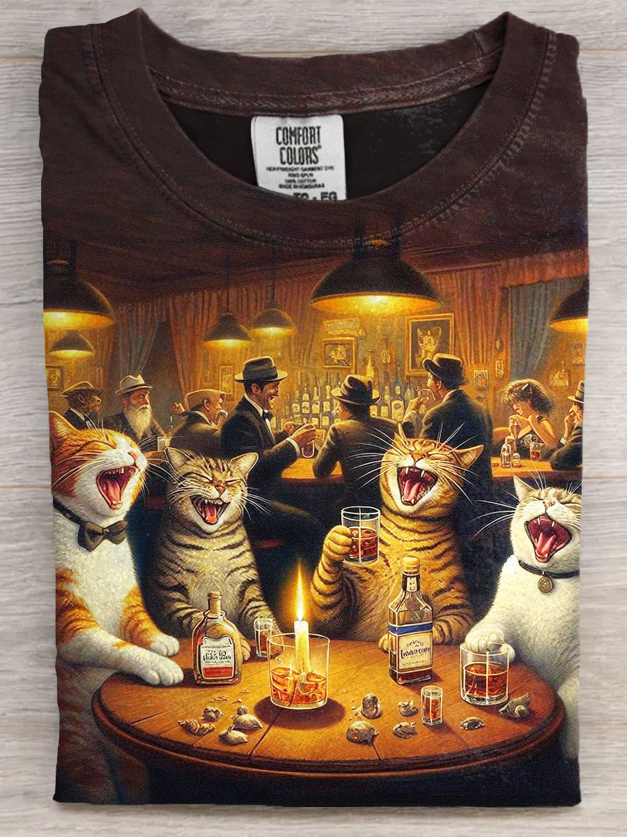 Funny Happy Cat Party Art Print Causal Short Sleeve T-shirt