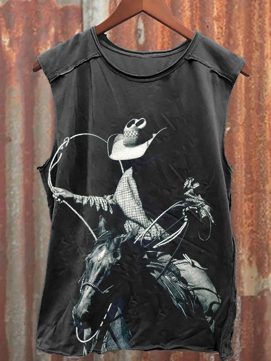Vintage Wild Cowboy Art Print 100% Cotton Casual Tank Top