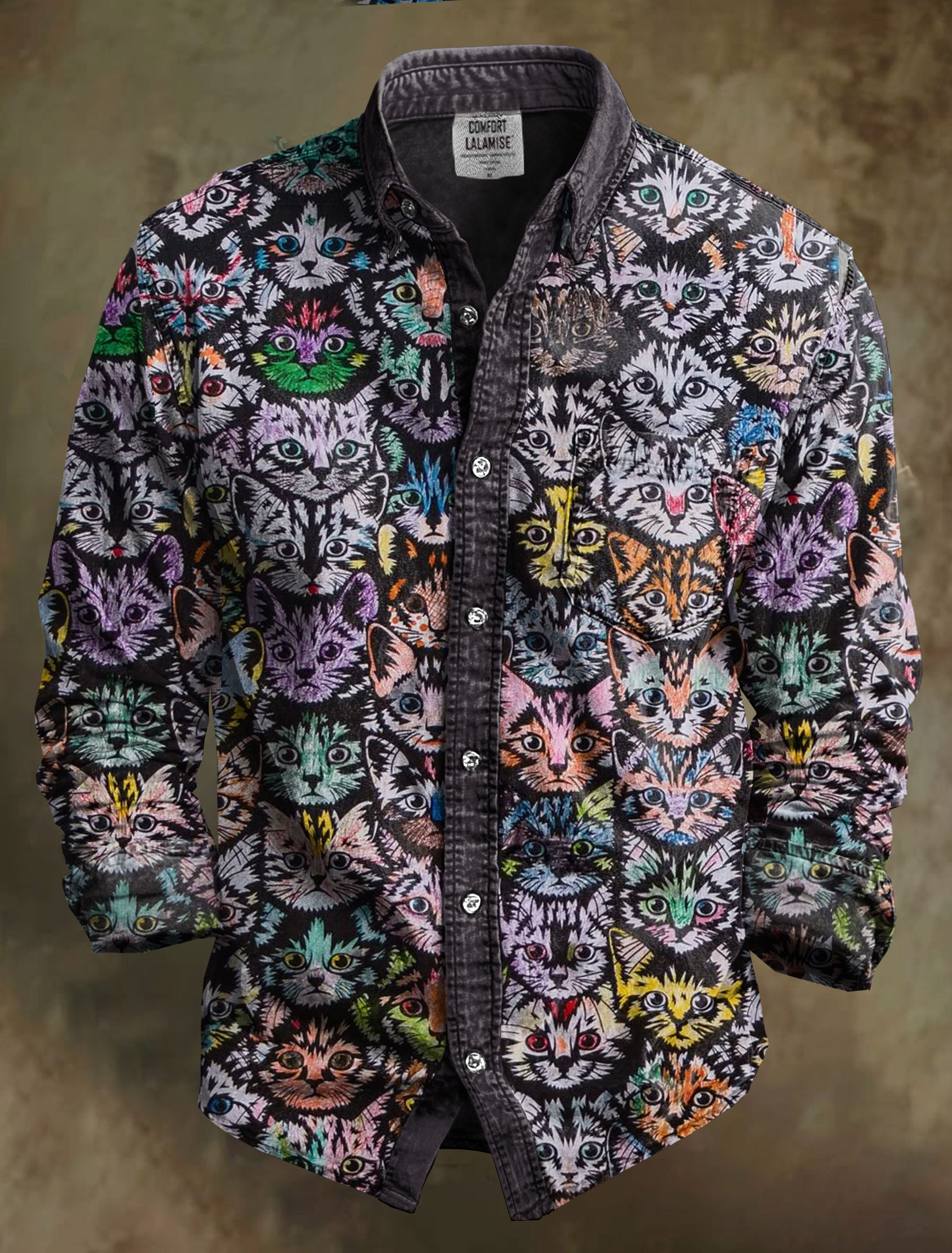 Cats Face Art Print 100% Cotton Long Sleeve Shirt