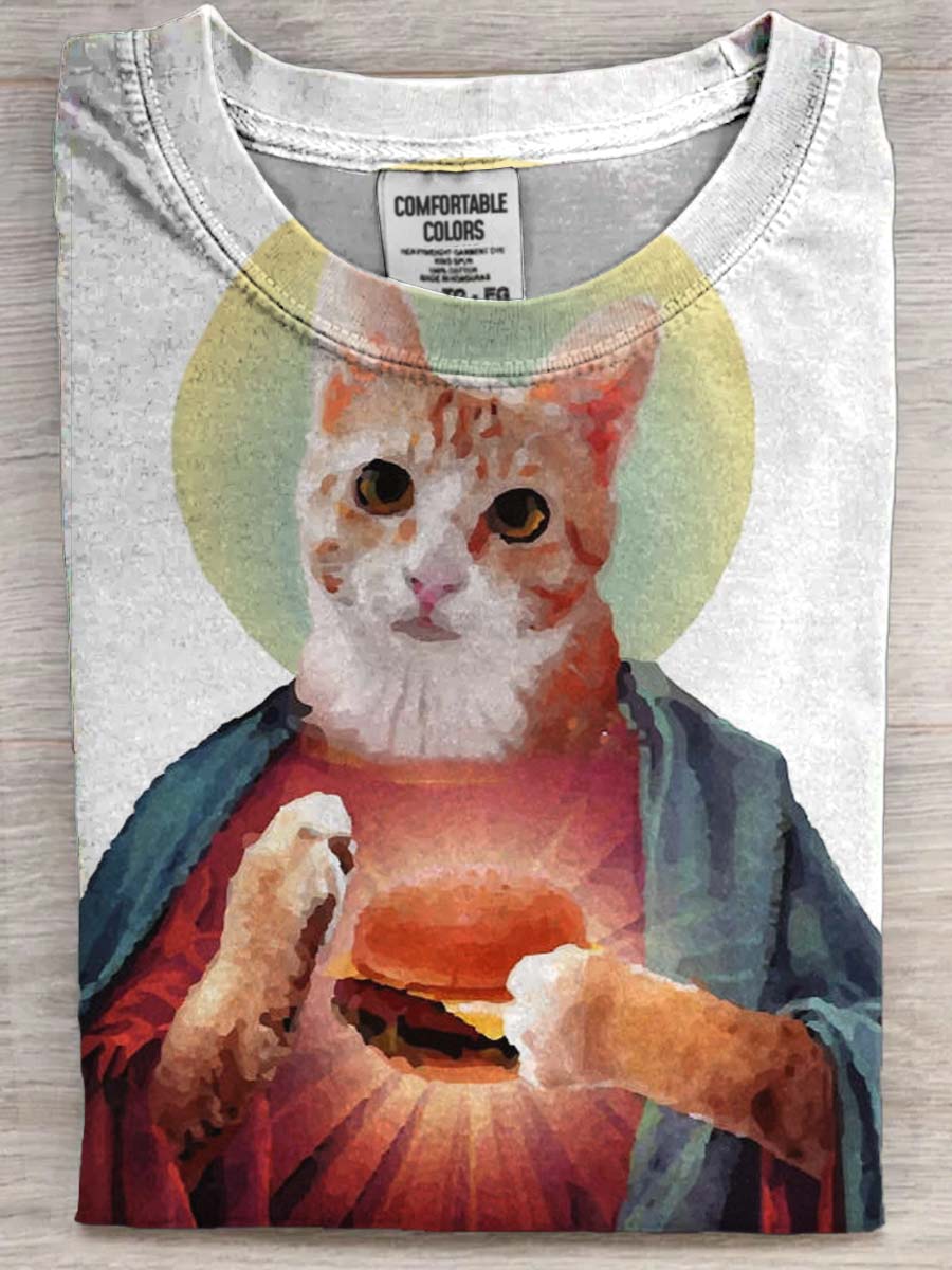 Fun Jesus Cat Print Casual Short Sleeve T-Shirt