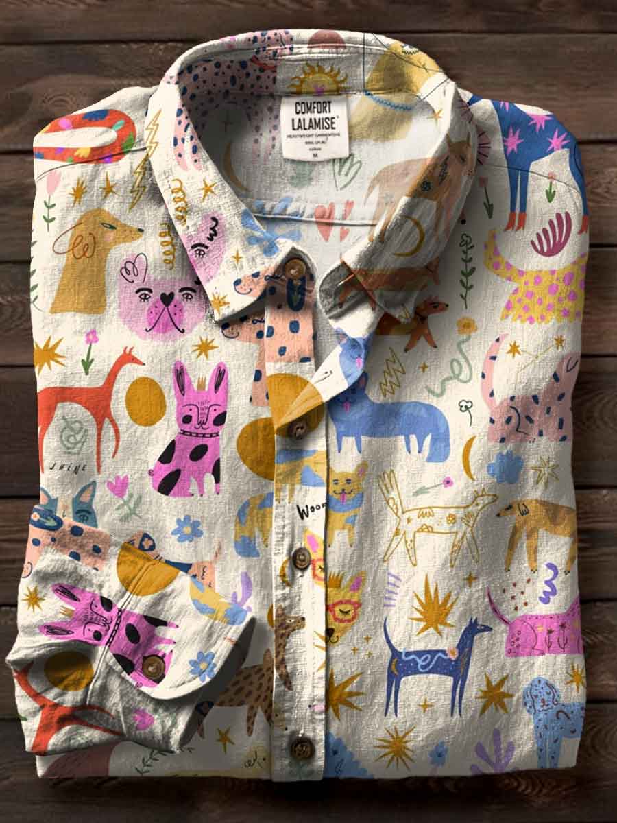Cute Dogs Art Print Casual Cotton Shirt