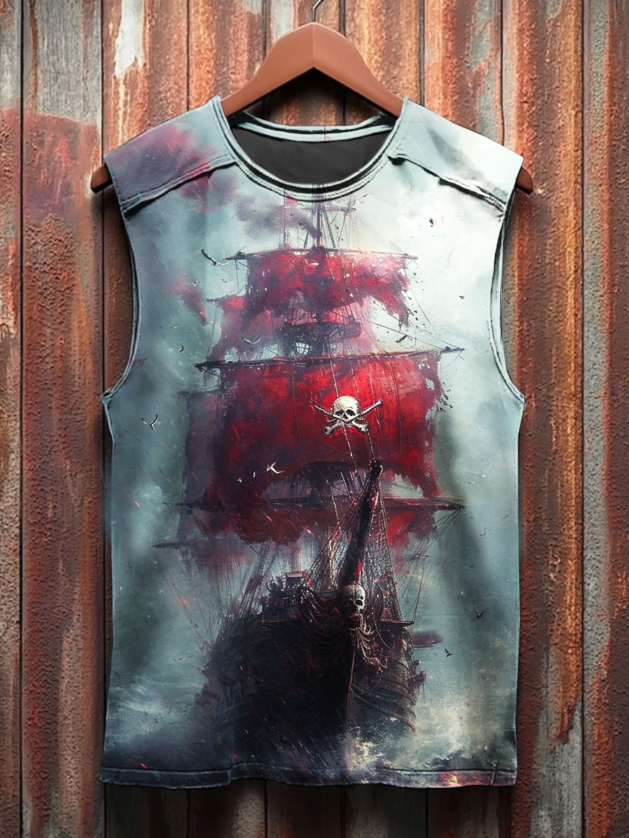 Ghost Ship Print 100% Cotton Casual Tank Top