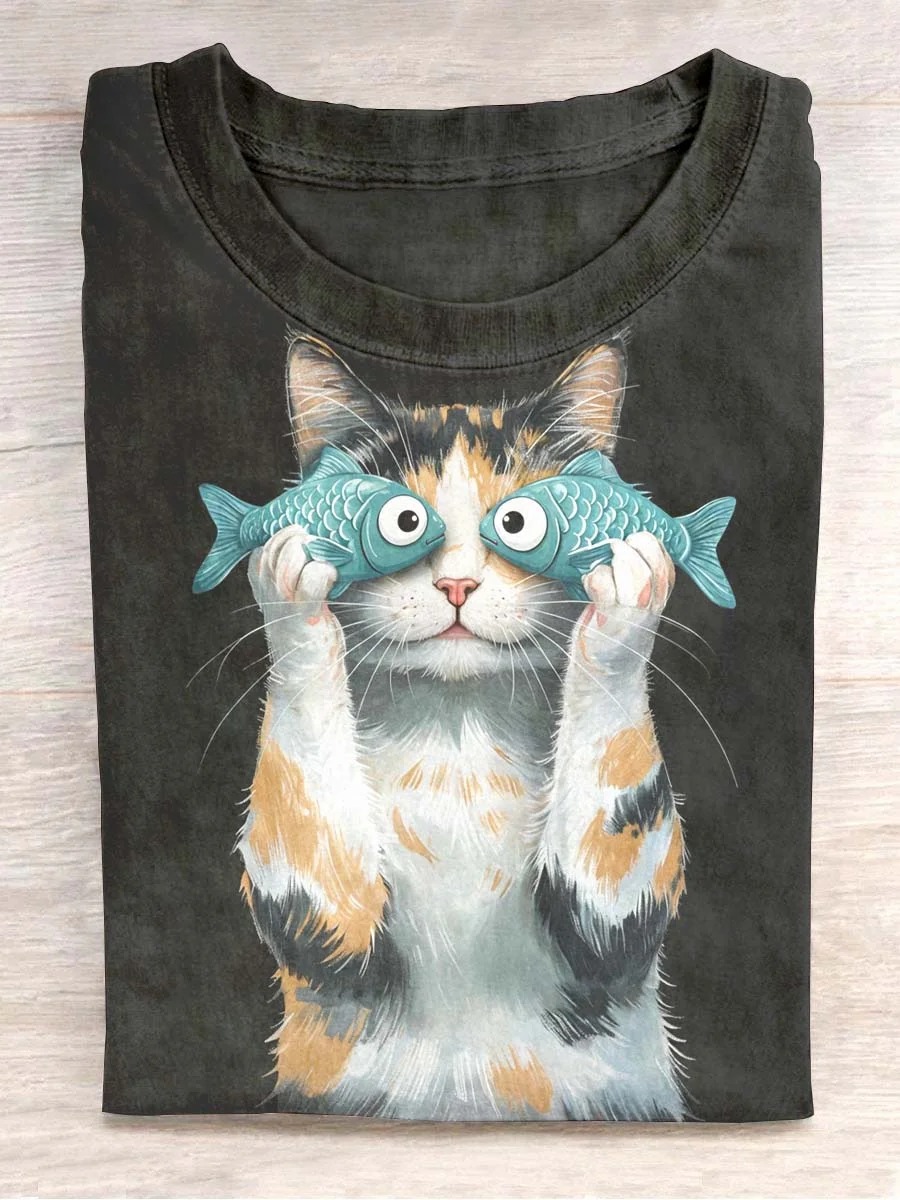 FISH Eye Funny Cat Art Print Causal Short Sleeve T-shirt