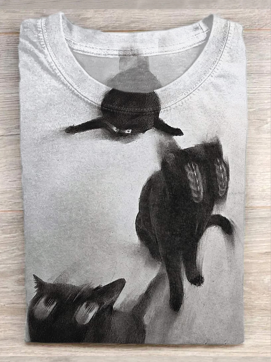 Fun Retro Fuzzy Black Cat Art Print Casual Short Sleeve T-Shirt