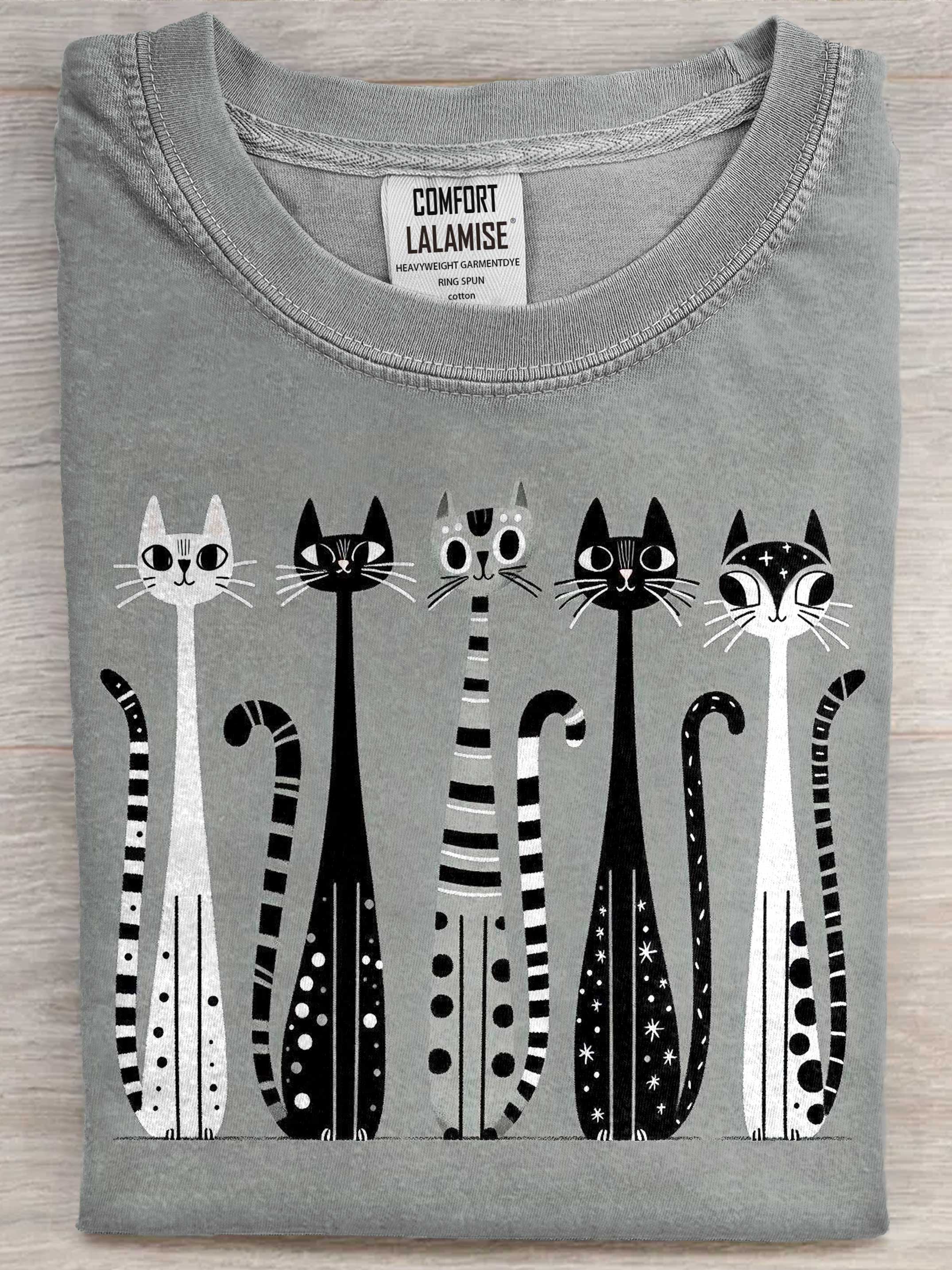 Retro Cats Art Print Casual Cotton Short Sleeve T-shirt