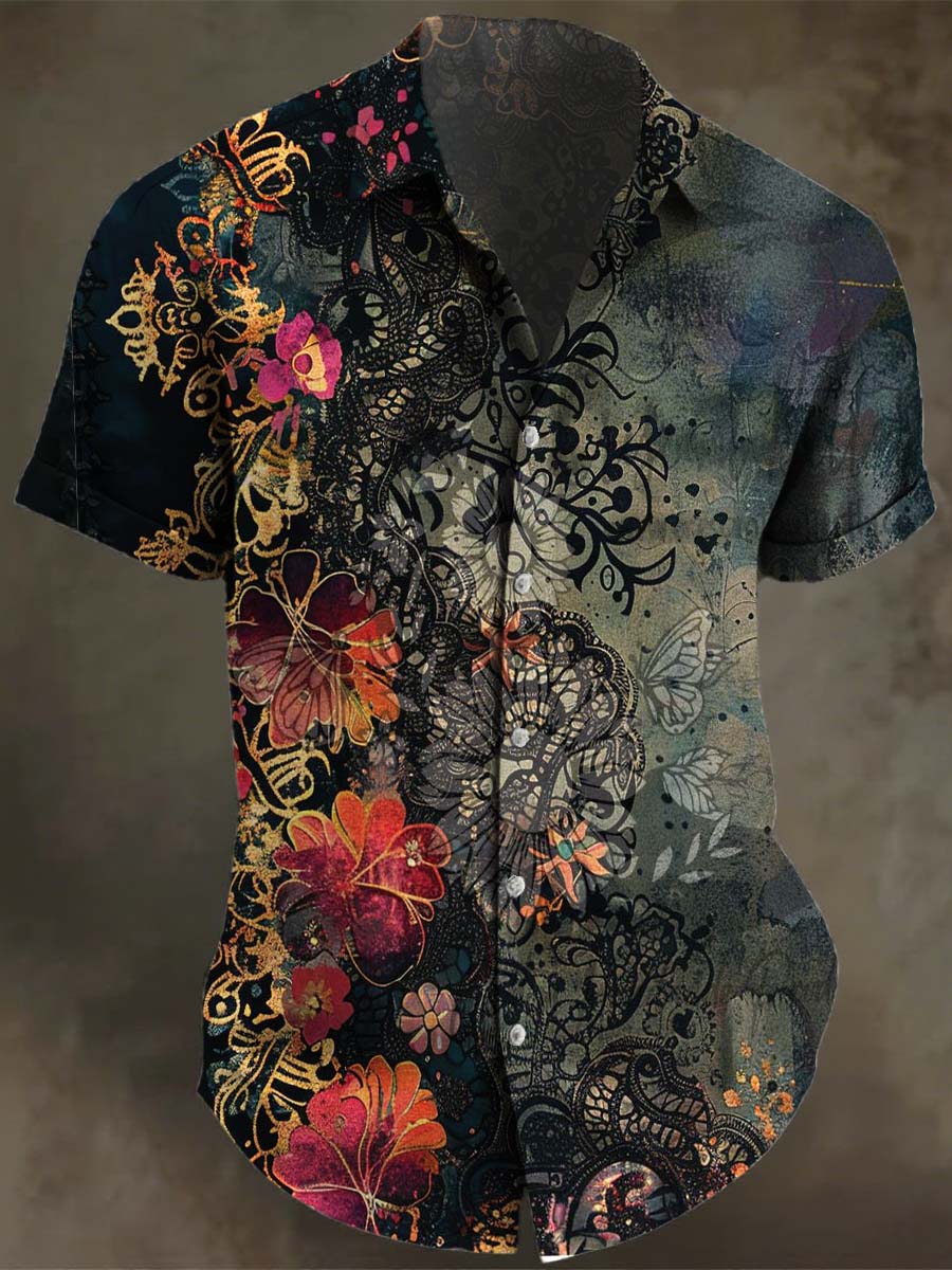 Vintage Flower Art Print Casual 100% Cotton Shirt