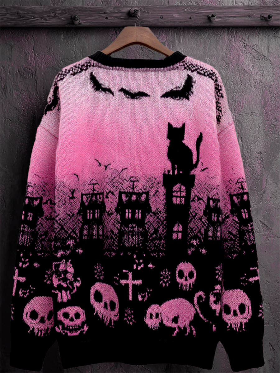 Vintage Halloween Skull Black Cat Art Print Knit Pullover Sweater