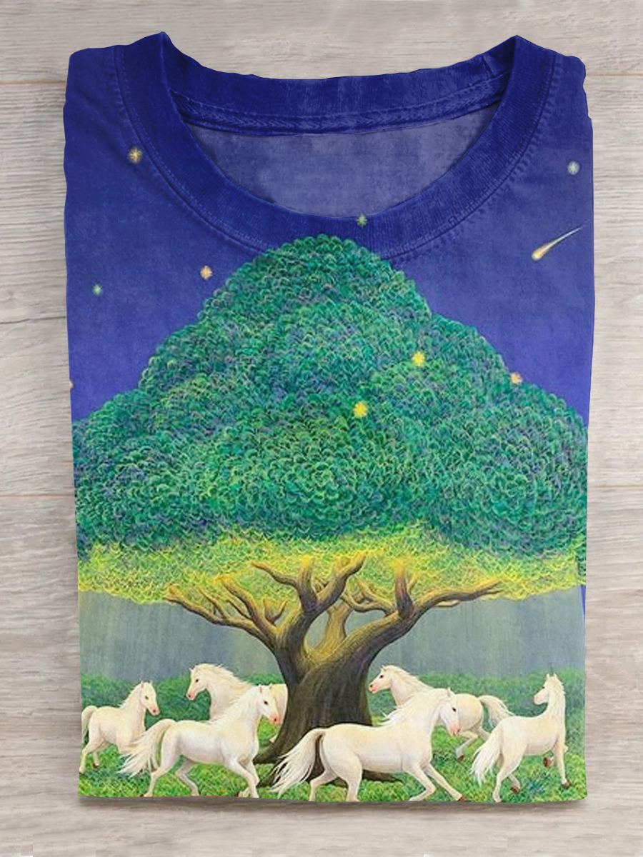 Horse Art Printed Crew Neck Short Sleeve T-Shirt