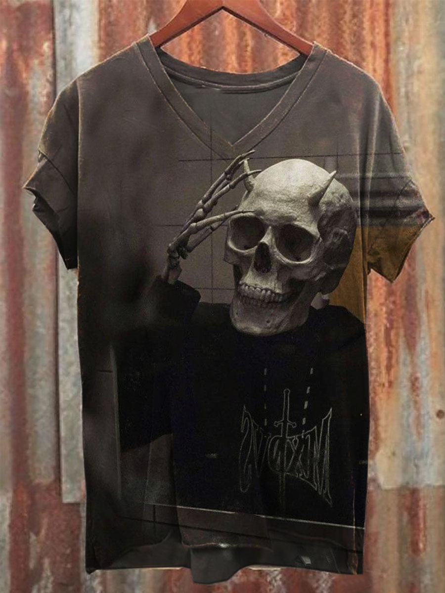 Skull Print V-neck Casual T-Shirt