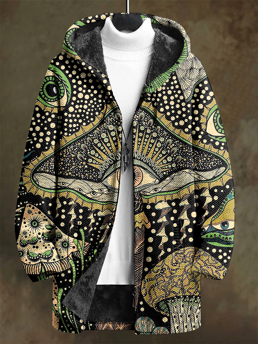 Vintage Dark Forest Mushroom Eye Art Print Unisex Plush Thick Long-Sleeved Sweater Cardigan Coat