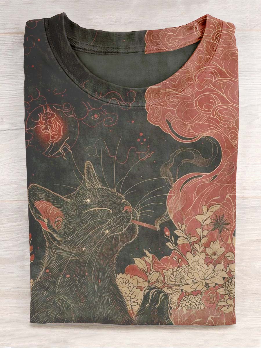 Unisex Art Abstract Cat Smoking Printed Casual Short Sleeve T-Shirt