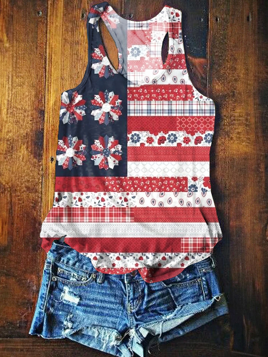 Women's Vintage Flag Floral Art Print Crew Neck Tank Top