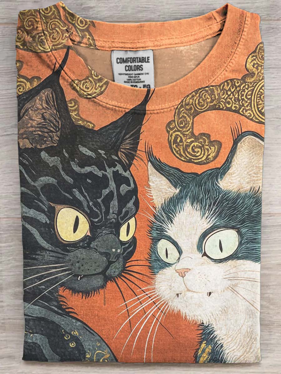 Art Abstract Black and White Cat Print Casual Short Sleeve T-Shirt