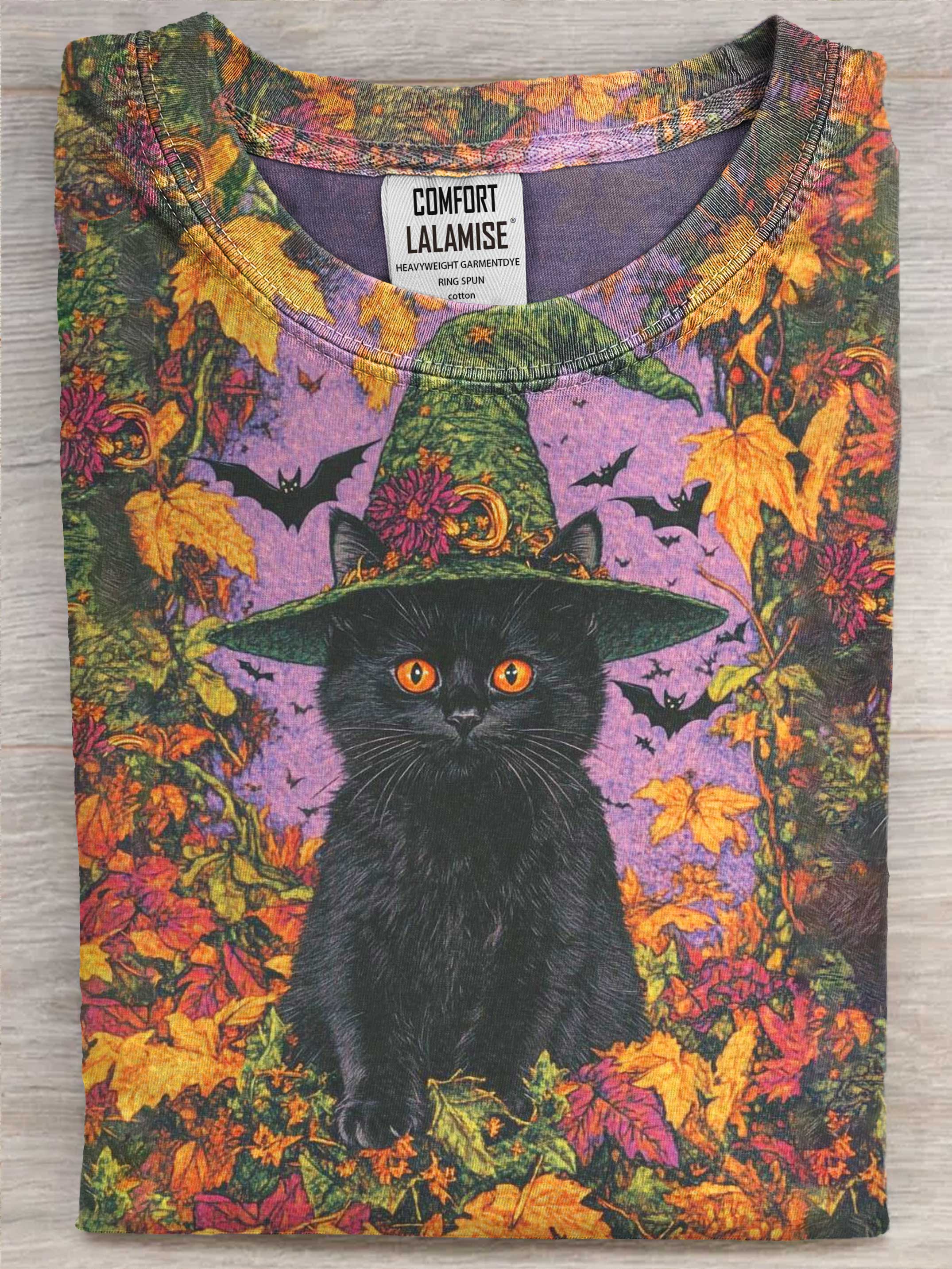 Witch Black Cat Autumn Art Print Casual Cotton Short Sleeve T-shirt
