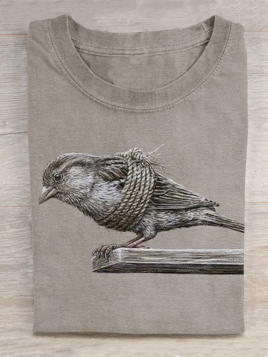 Bird Art Print Crew Neck Short Sleeve T-Shirt