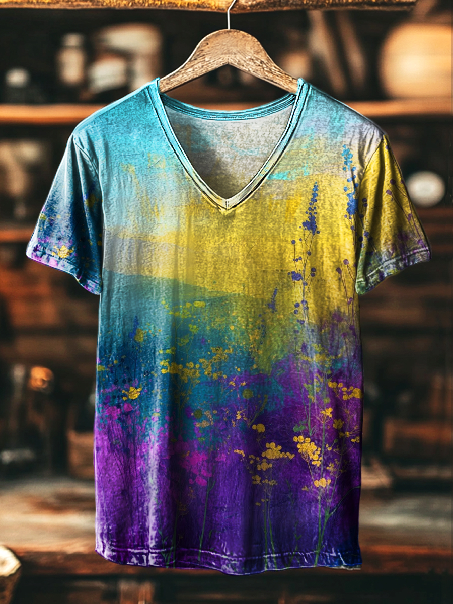Unisex Vintage Abstract Hill Floral Art Print Casual V-Neck T-Shirt