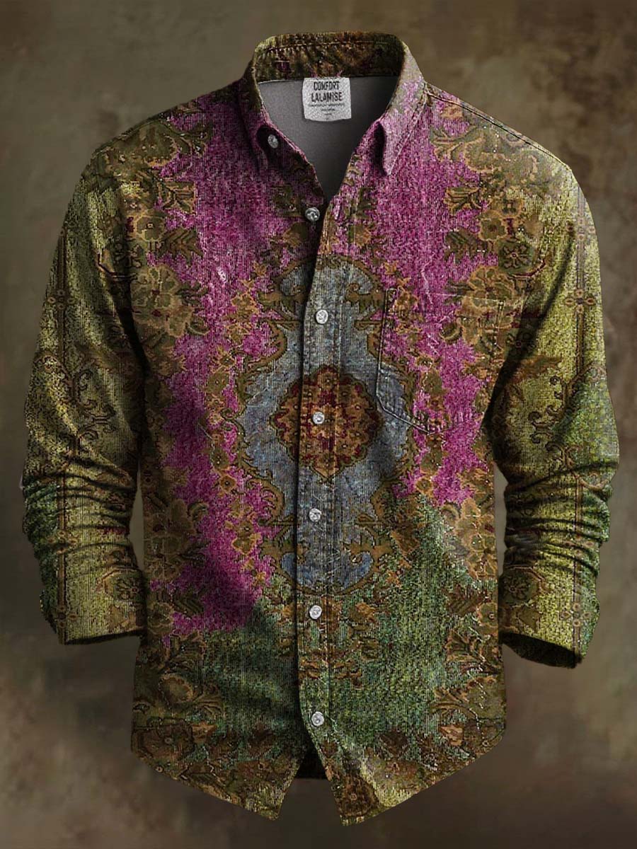 Vintage Mandala Gradient Pattern Print 100% Cotton Long Sleeve Shirt