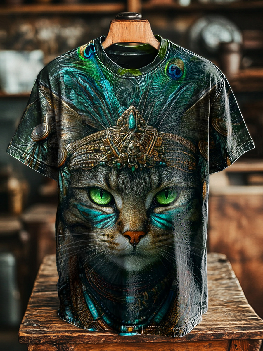 Unisex Vintage Aboriginal Cat Print Casual Loose Short Sleeve T-Shirt
