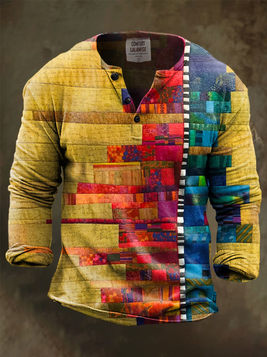 Color Clashing Art Print Henley Sweatshirt