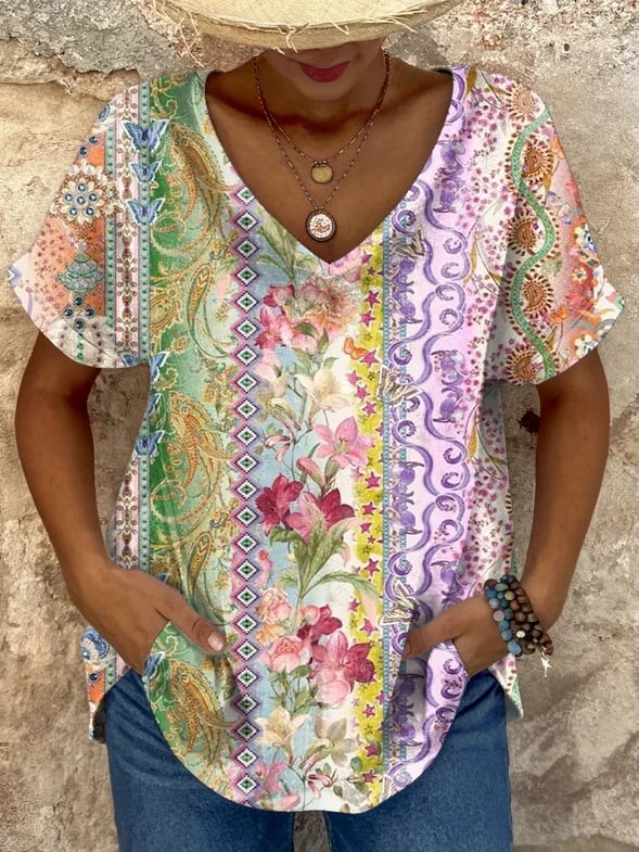 Women's Art Retro Pattern Printed Short Sleeve T-Shirt