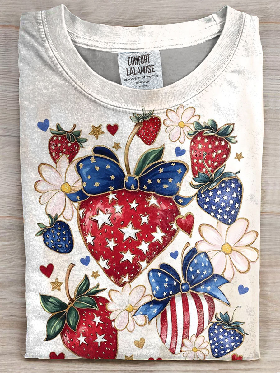 Independence Day Strawberry Prints Casual T-shirt