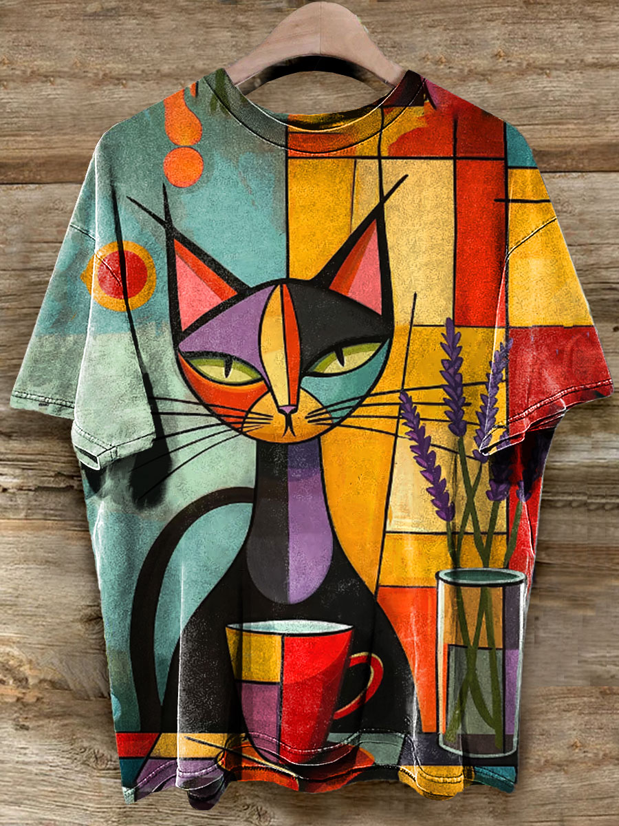 Multicolor Abstrct Cat Art Casaul Short Sleeve T-shirt