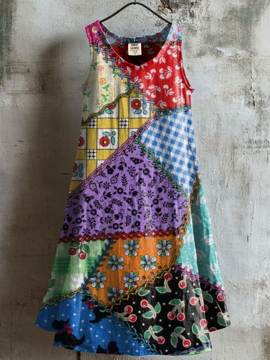 Women's Vintage Patchwork Art Print V-neck Pocket Cotton Dress