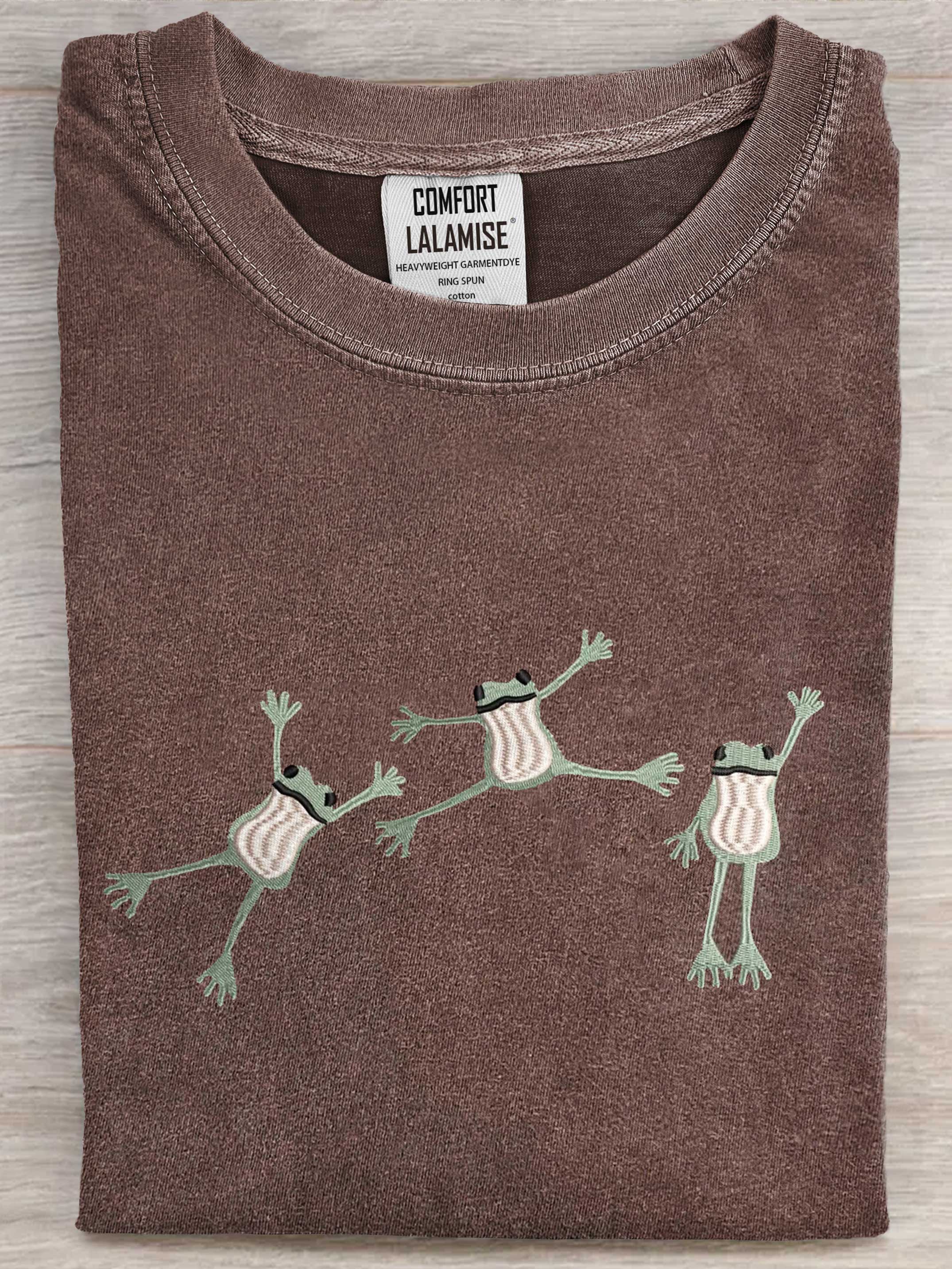 Embroidered Frog Art Print Casual Short Sleeve T-shirt