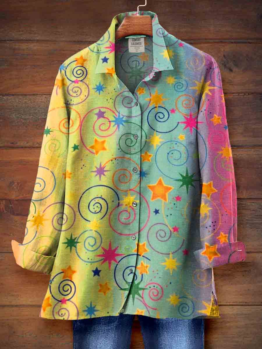 Star Rainbow Gradient Art Print Casual Cotton Shirt
