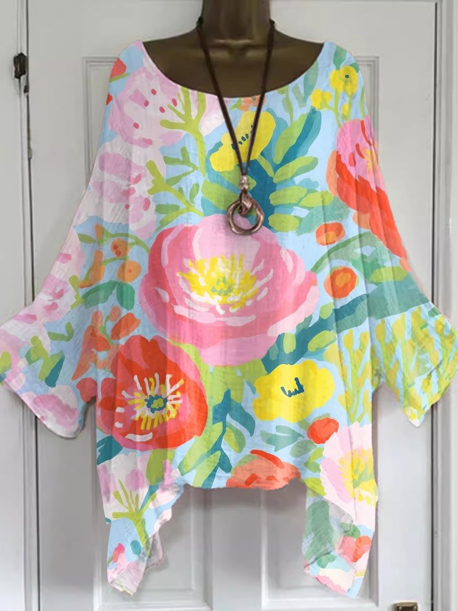 Women's Vintage Flower Art Print Casual Top