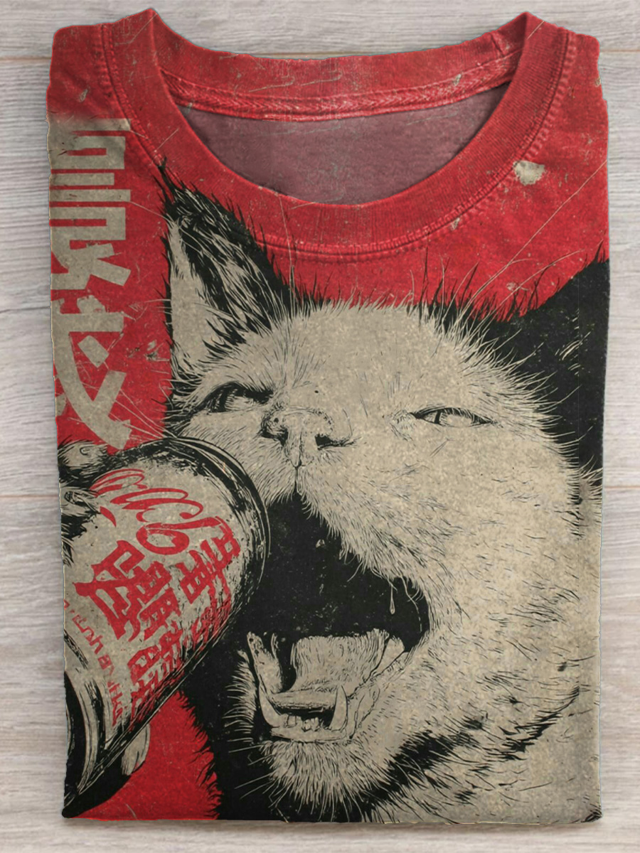 Retro Funny Cat Print T-shirt