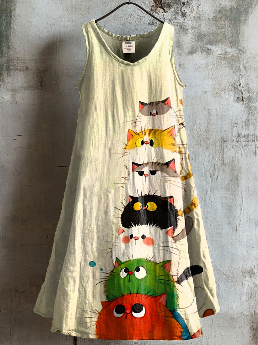 Funny Cats Art Print V-neck Pocket Cotton Dress