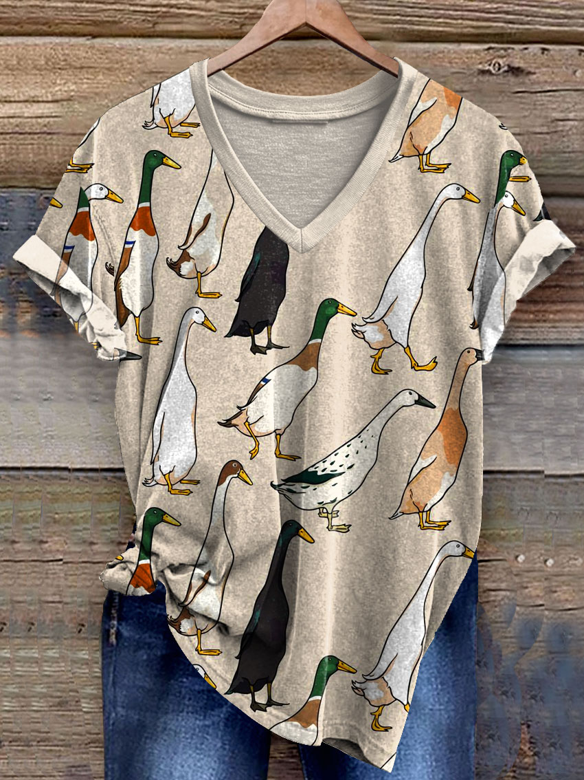 Duck Art Print V-neck Casual T-Shirt