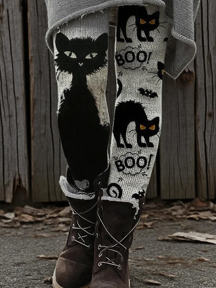 Women's Casual Retro Halloween Black Cat Cute Print Leggings
