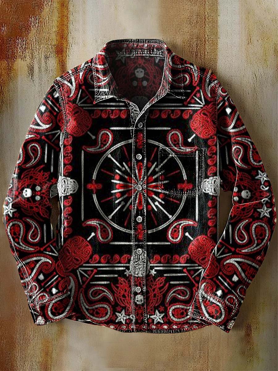 Retro Skull Paisley Ethnic Pattern Print 100% Cotton Casual Long Sleeved Denim Shirt