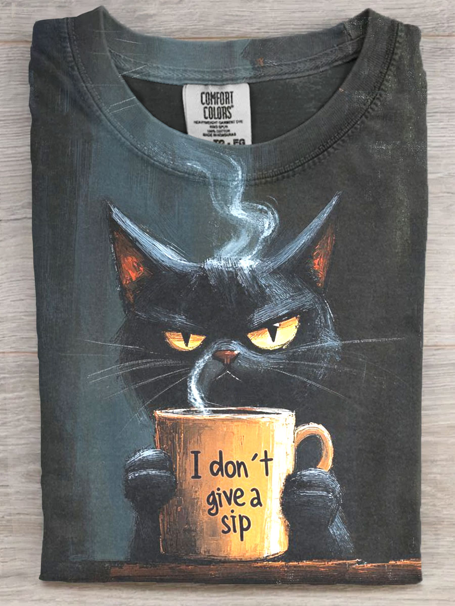 I Dont Give A Sip Funny Cat Art Print Casaul Short Sleeve T-shirt