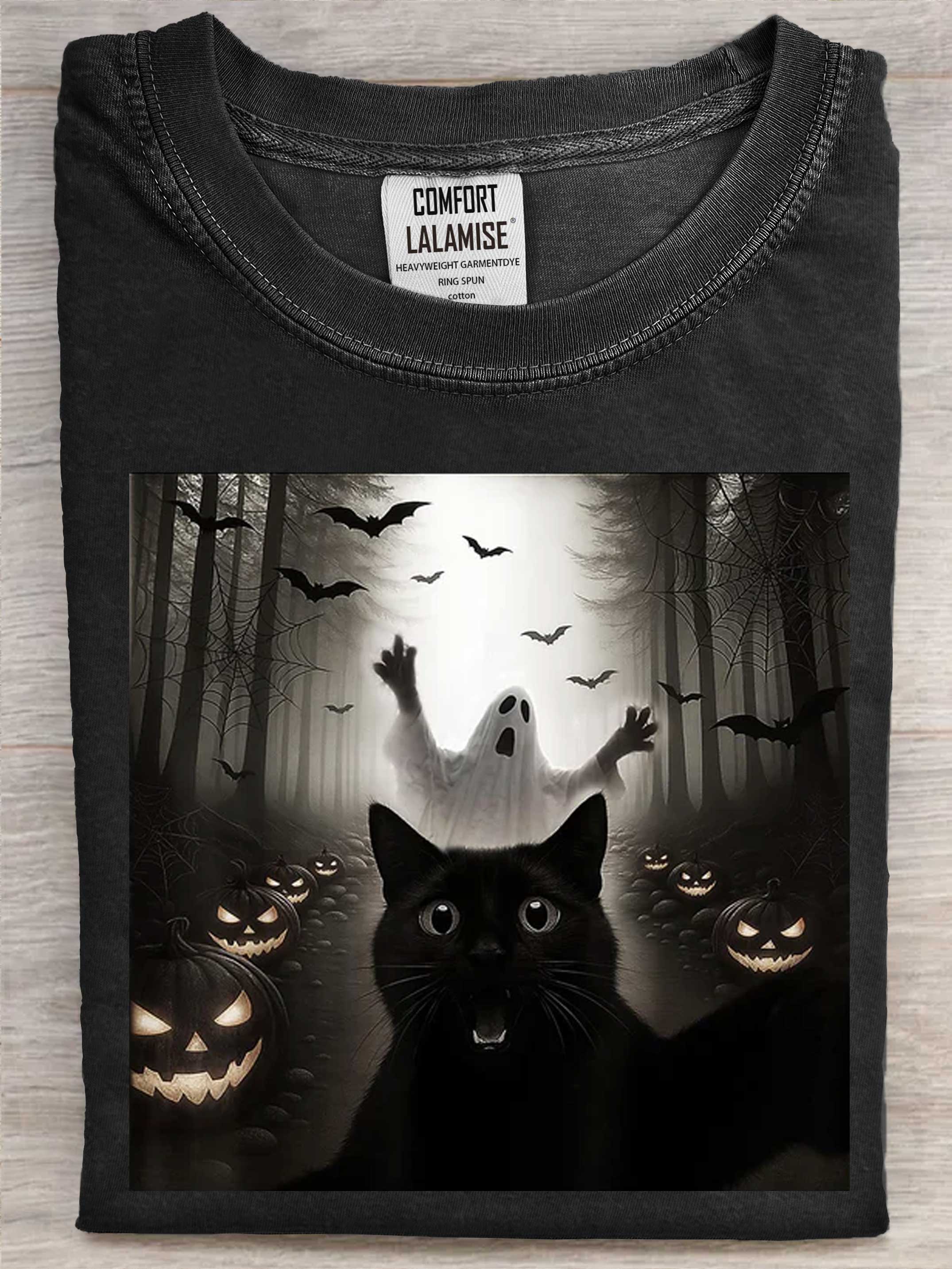 Cat Selfie With Ghost Spooky Halloween Art Print Casual Cotton Short Sleeve T-shirt