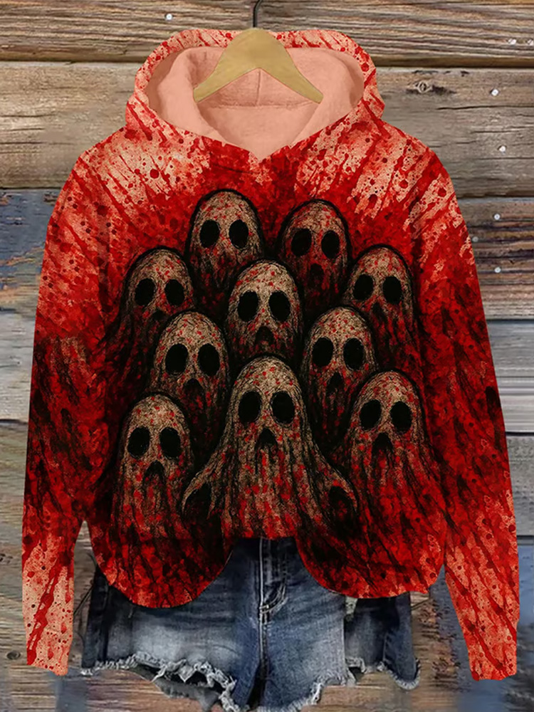 Women's Casual Bloodstained Ghost Graphic Print Warm Hoodie