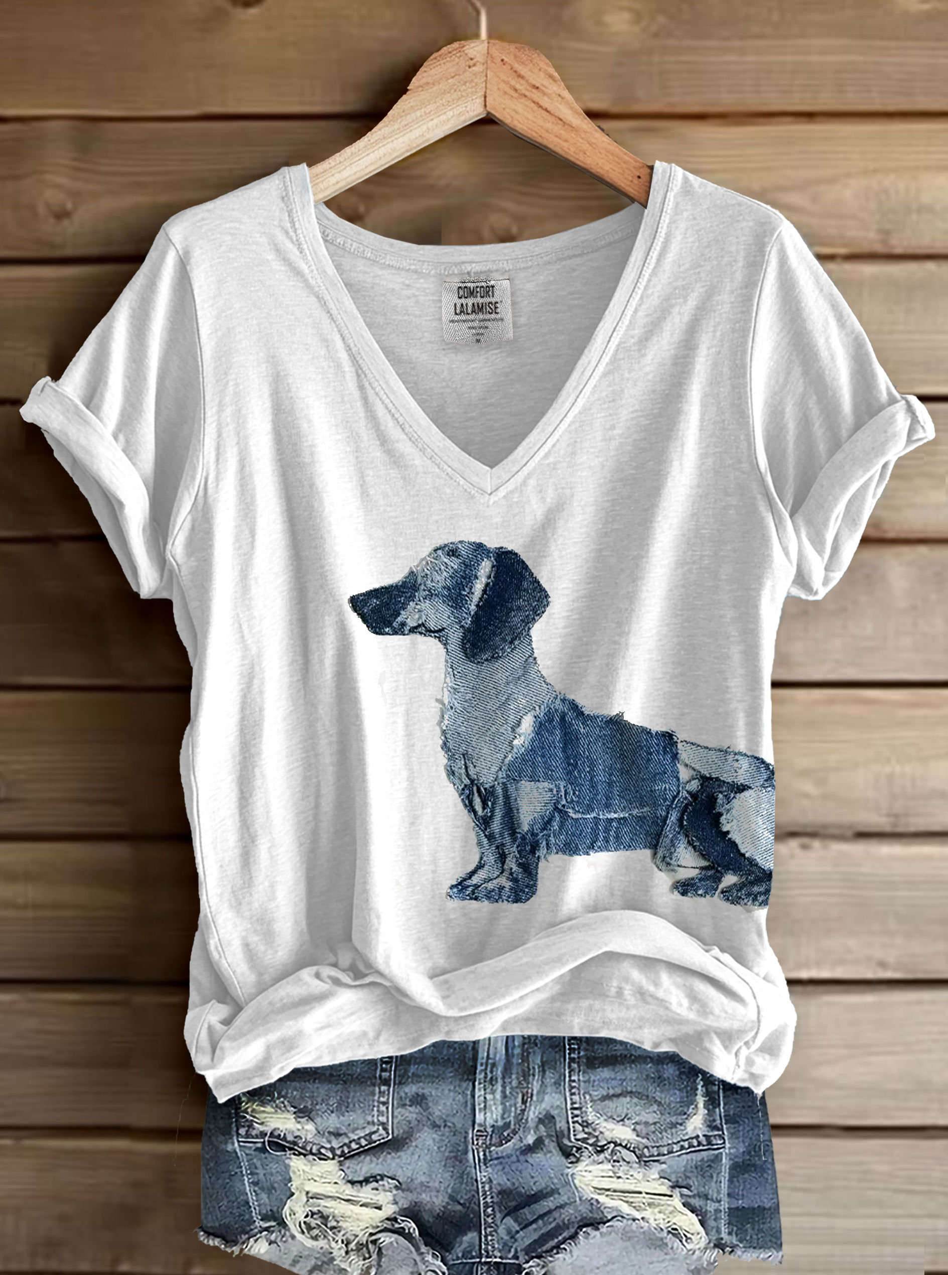 Cute Dog Denim Patchwork Art Print V-neck Casual T-Shirt